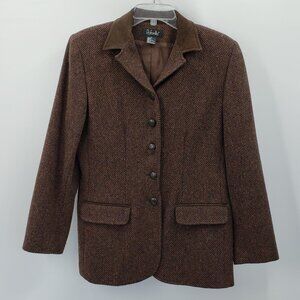 Vintage Rafaella Wool Tweed Blazer Women's 8 Brown Suede Collar Single Breasted